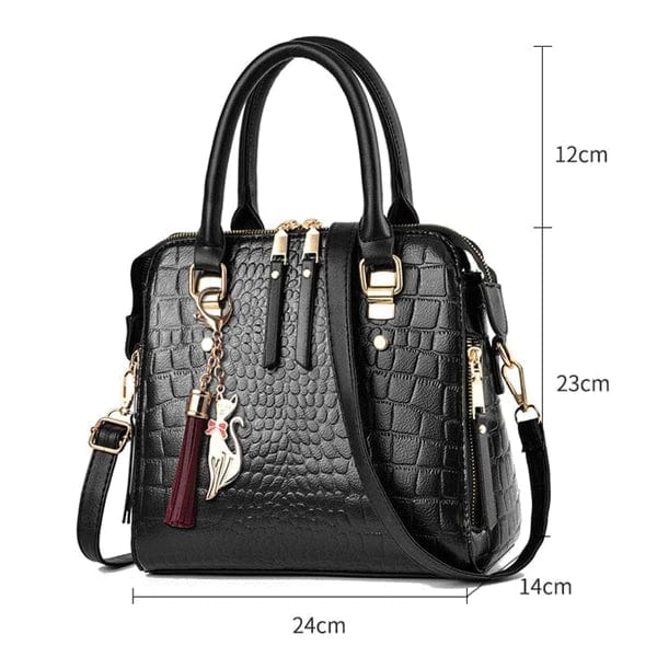 Black crocodile leather handbag satchel with top handles and detachable shoulder strap gold hardware and tassel charm