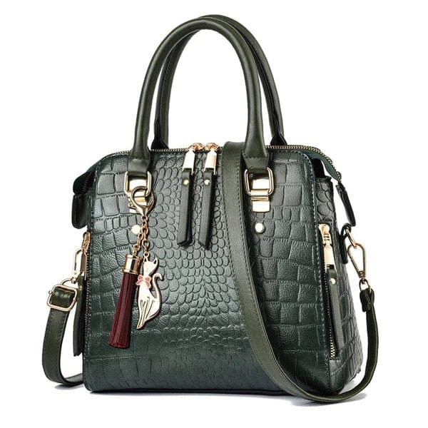 Dark green crocodile leather handbag with double top handles detachable shoulder strap gold hardware and tassel charm