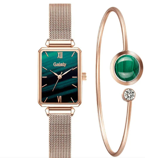 rose gold fashion watch for women with rectangular green marbled dial, mesh strap and matching rose gold bangle with green stone