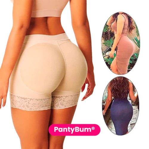 Beige lace hem padded shorts on model showing shaping and lift with side view in dresses premium butt lift panties