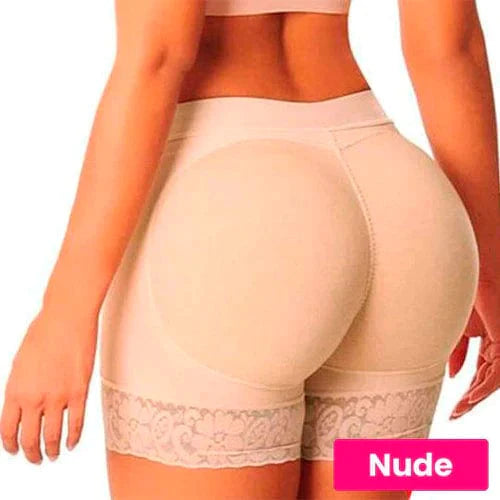 Back view of nude high waist padded shorts with lace hem showcasing shape enhancement from premium butt lift panties
