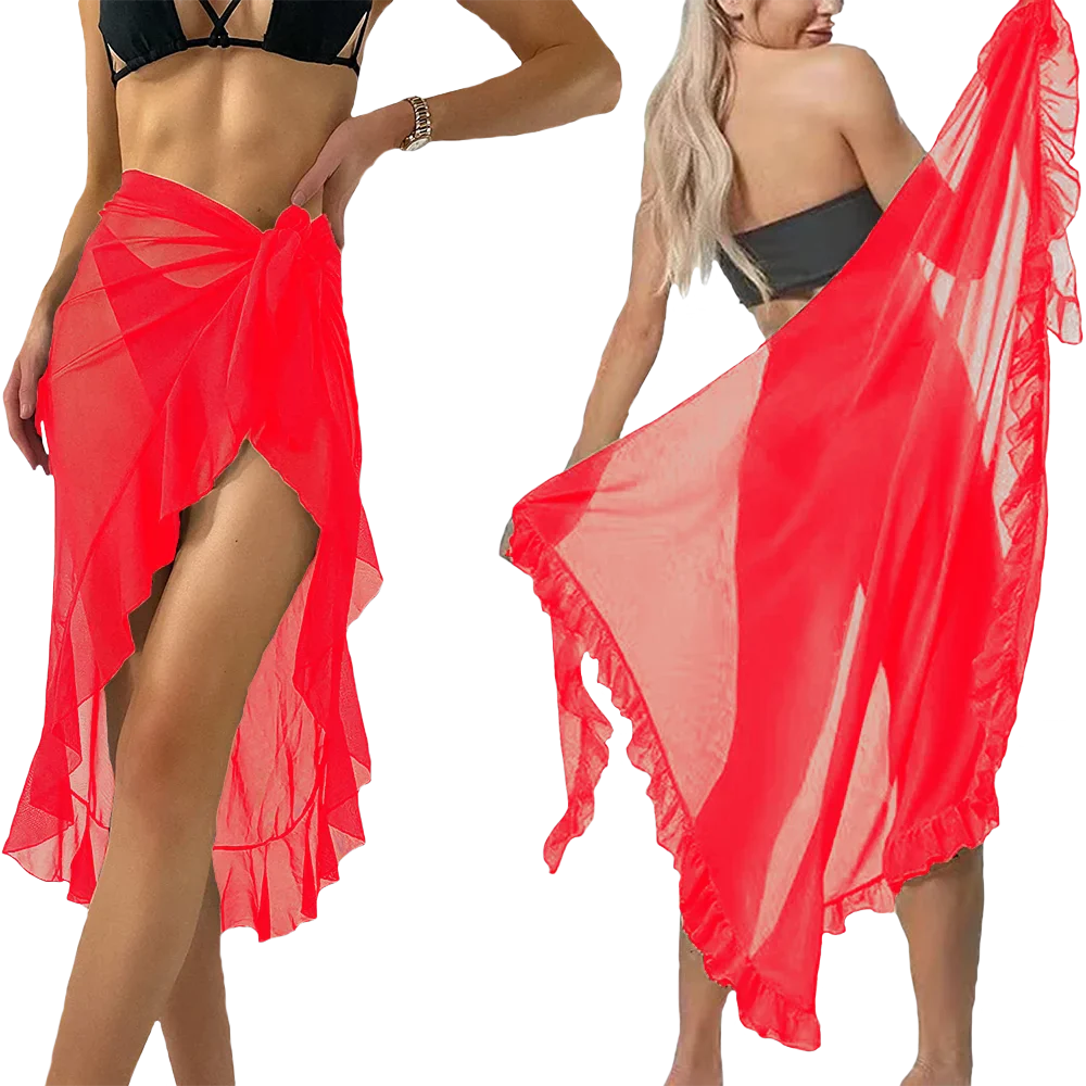 Sheer red summer beach wrap skirt tie waist ruffled hem lightweight chiffon beach cover up