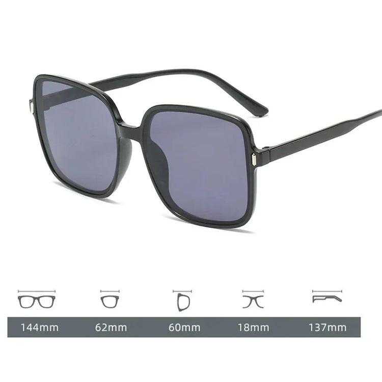 Black oversized square sunglasses with dark lenses and size guide 144mm 62mm 60mm 18mm 137mm summer breeze sunglasses deal