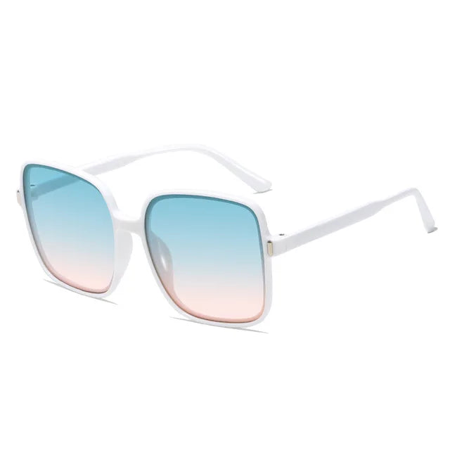 White oversized square sunglasses with blue to pink gradient lenses for beach style summer breeze sunglasses deal from My Store