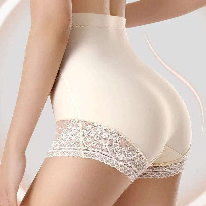 High waisted butt lifter shapewear shorts in nude with lace trim smoothing tummy and hips