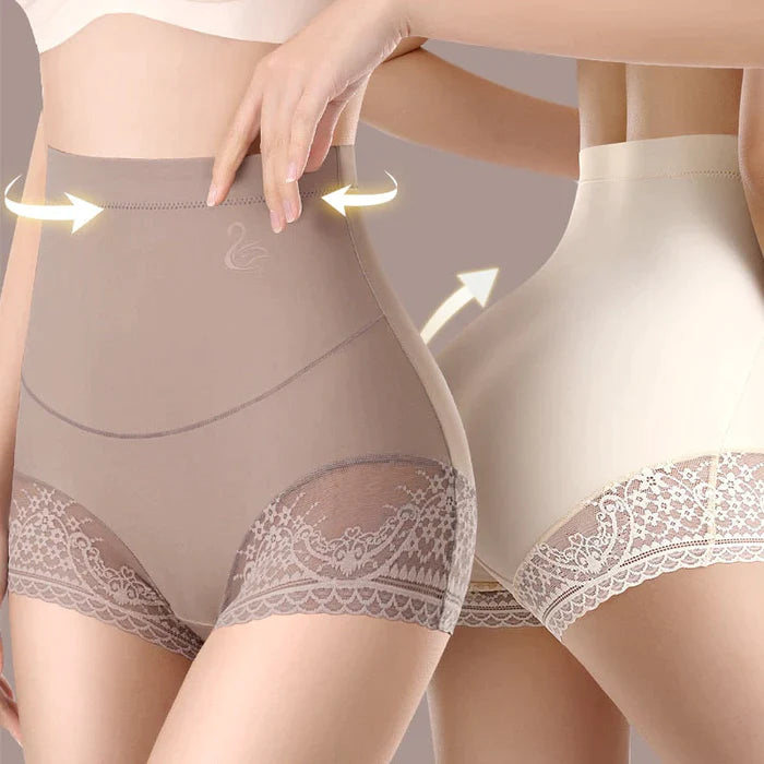 high waist shaping panties kit in taupe and cream with lace trim and tummy control smoothing design
