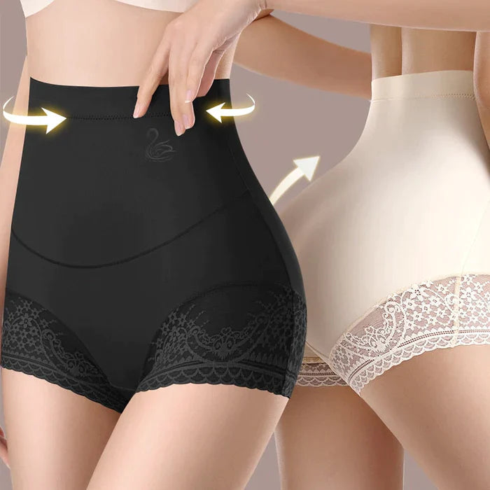 High waist shaping panties kit black and beige lace shorts on models showing tummy shaping and smooth contour