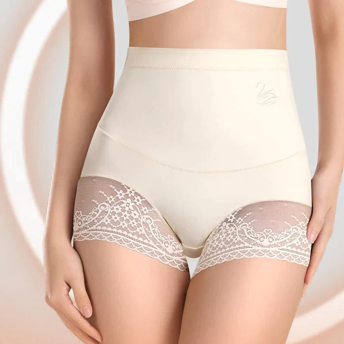 Beige lace trim high waist shaping panties kit on model showing smoothing tummy control and thigh coverage