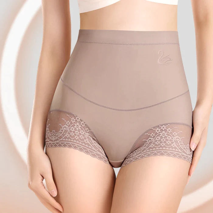 Beige high waist shaping panties kit with lace leg trim smoothing tummy and supportive compression