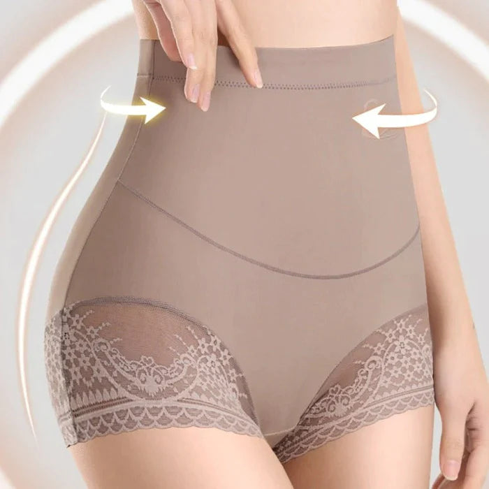 Beige high waist shaping panties kit with lace leg trim shown on model demonstrating tummy control