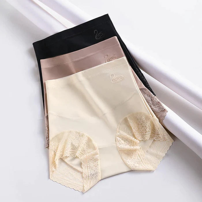 Three piece high waist shaping panties kit in cream blush and black with lace leg trim and smoothing panels