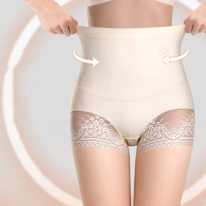 Beige high waist shaping panties kit with lace thighs on model stretching waistband to show tummy control