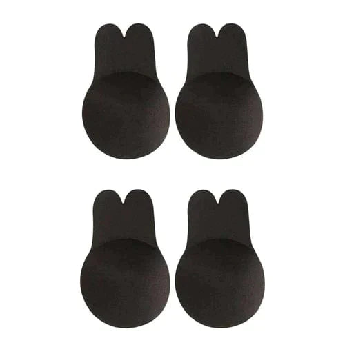 Set of four black reusable adhesive lifting bra pads with pull tabs for strapless backless support