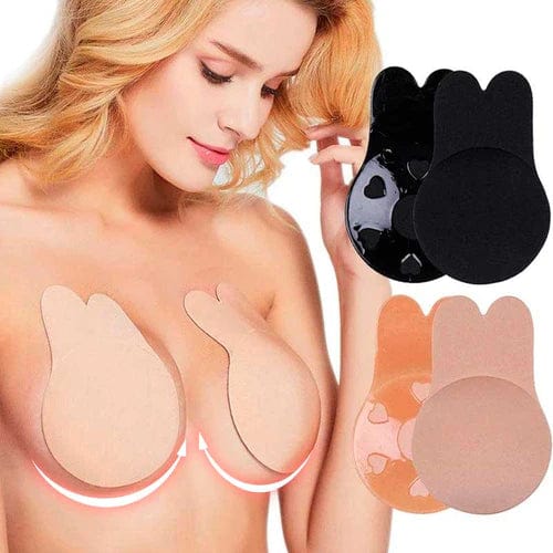 Blonde woman modeling nude adhesive lifting bra pads with separate black and beige adhesive lift cups displayed