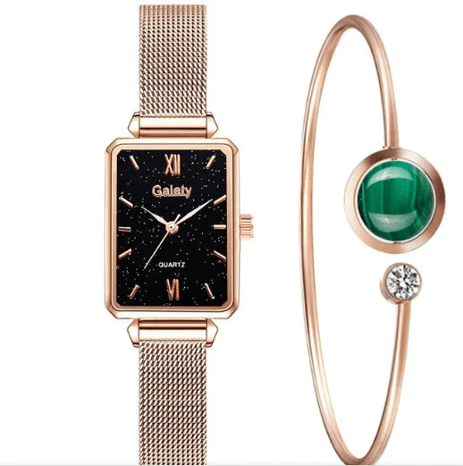 Galety rectangular rose gold fashion watch for women with black starry dial mesh band and matching green stone bangle