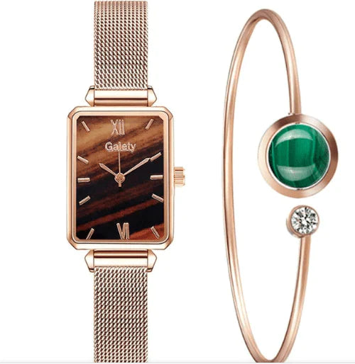 rose gold fashion watch for women rectangular wood grain dial mesh band paired with rose gold cuff with green stone and crystal