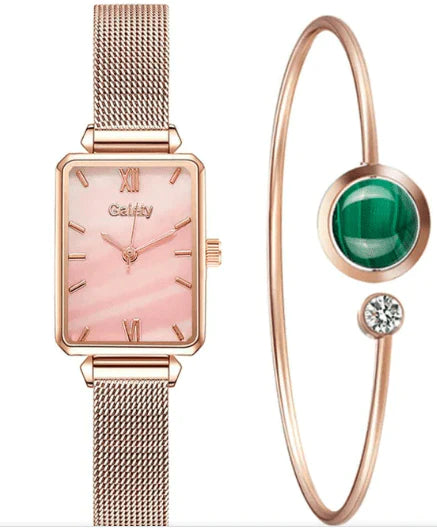 rose gold fashion watch for women with rectangular pink dial mesh strap paired with rose gold bangle featuring green stone