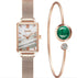 rose gold fashion watch for women with rectangular marble dial mesh band and matching rose gold bangle with green stone