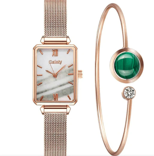rose gold fashion watch for women with rectangular marble dial mesh band and matching rose gold bangle with green stone