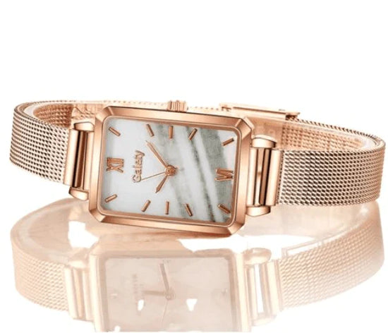Rose gold rectangular mesh bracelet watch with marble dial and minimalist markers rose gold fashion watch for women