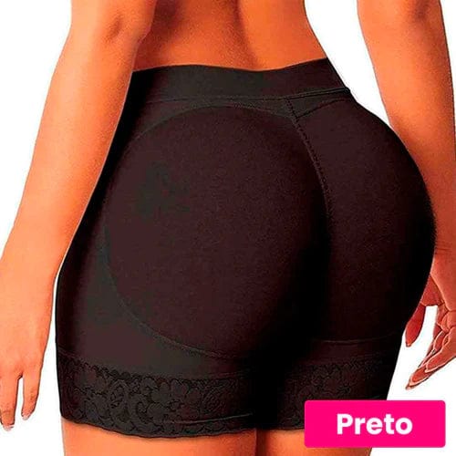 Rear view of model wearing black premium butt lift panties shaping shorts with lace trim