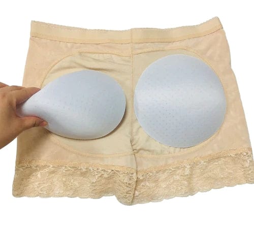 Beige lace short style underwear with removable foam inserts shown by hand premium butt lift panties for enhanced curves