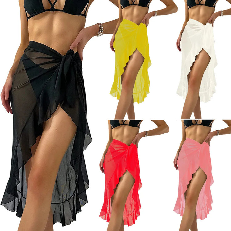 Sheer high slit summer beach wrap skirt in black yellow white red and pink shown on model over bikini