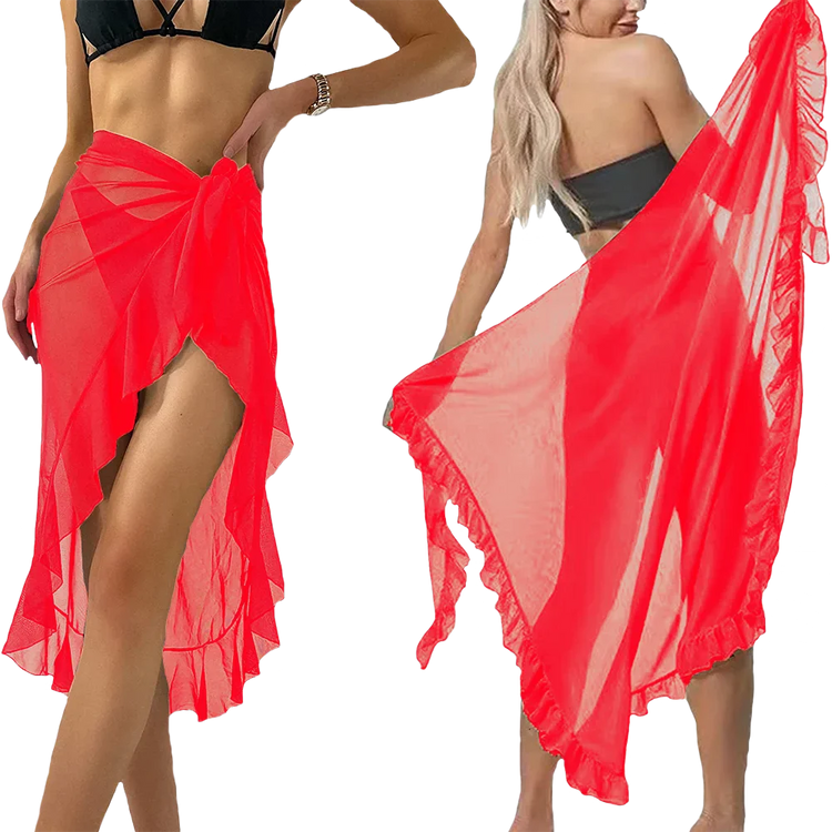 Sheer red summer beach wrap skirt tie waist ruffled hem lightweight chiffon beach cover up