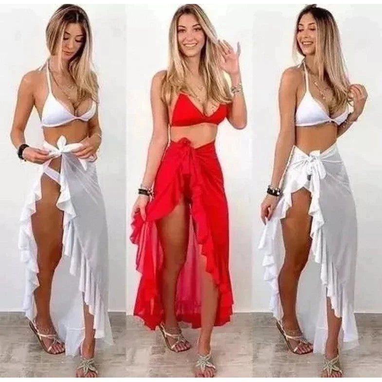 Three views of model wearing red and white bikini sets with ruffled high slit summer beach wrap skirt