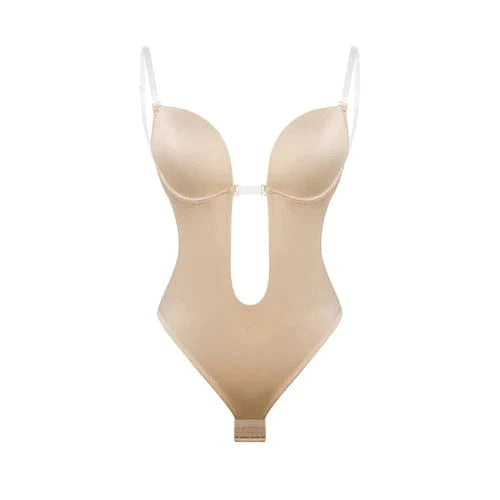 Nude U plunge underwire bodysuit with adjustable straps and thong closure backless shapewear for women