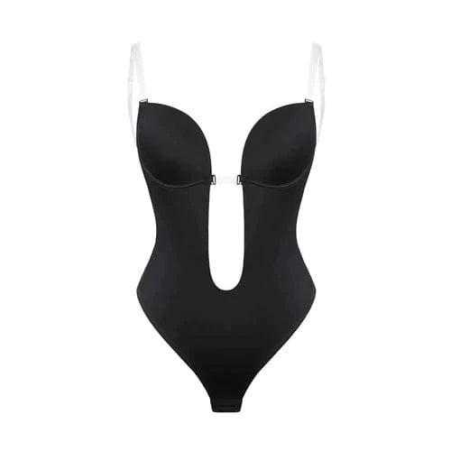 Black deep plunge adhesive underwire bodysuit with clear straps backless shapewear for women smoothing silhouette