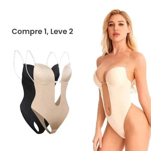 Nude and black backless shapewear for women with clear straps modeled on blonde wearing adhesive plunge bodysuit