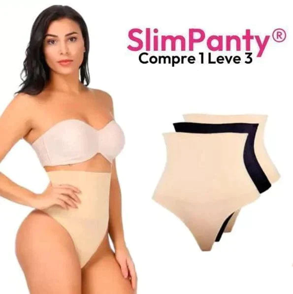 Beige high waist slimming panty modeled with strapless bra and two additional beige and black panties