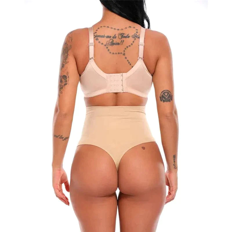 Back view of woman wearing beige high waist slimming panty thong with firm tummy control and seamless finish
