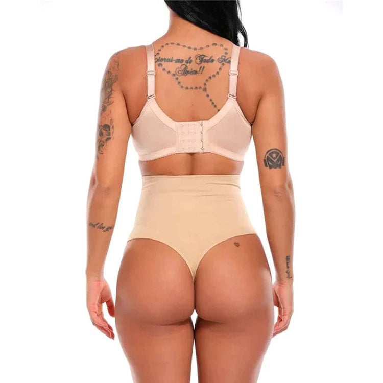 Back view of woman wearing beige high waist slimming panty thong with firm tummy control and seamless finish